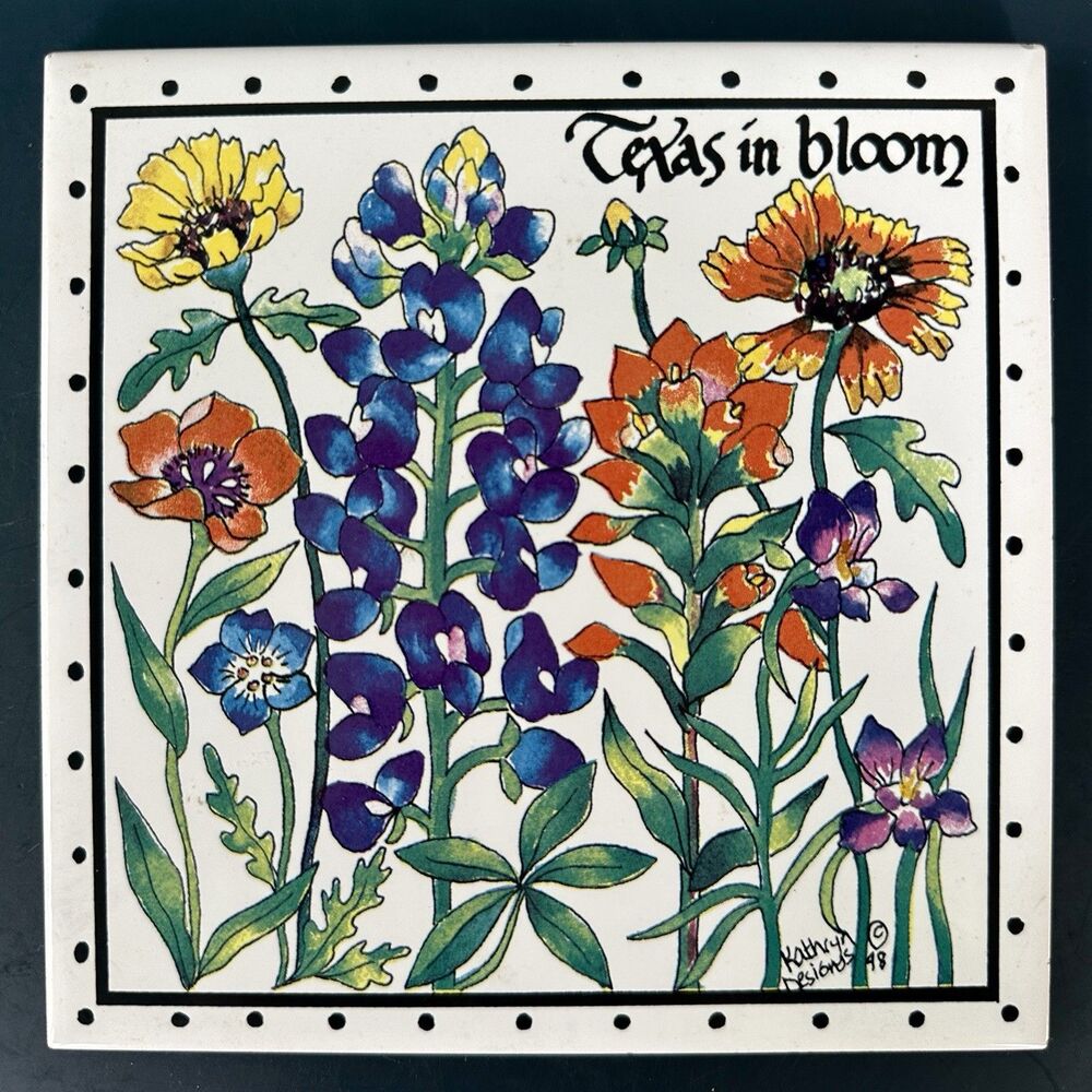 Vintage Texas In Bloom Porcelain Framed Trivet Kathryn Designs Artisan Oak